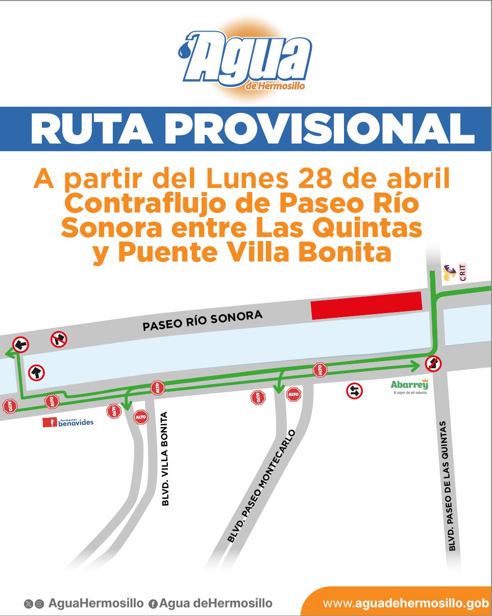 Este lunes 28 se habilitarán dos sentidos en el cuerpo sur de Paseo del Río Sonora